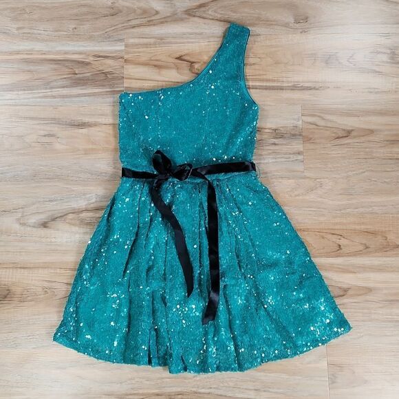 🔺️Lily Rose Teal Sequined One Shoulder Belted Sash Dress Small - Picture 1 of 12